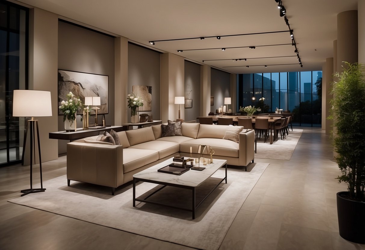 A modern and sleek Bottega Veneta furniture store with minimalist decor, featuring clean lines, luxurious materials, and sophisticated lighting