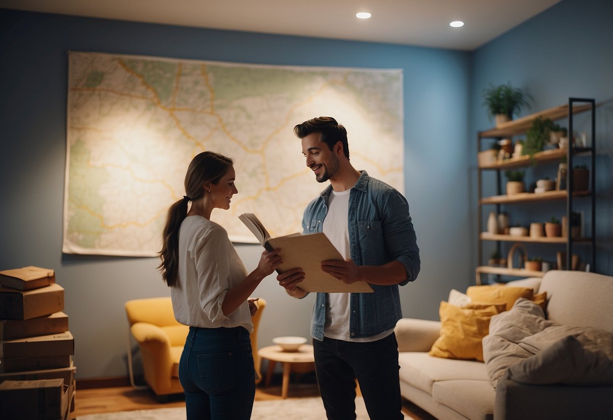 A couple creates a list of furniture needed for their new home, researches JB's offerings, and maps out a route for their shopping trip