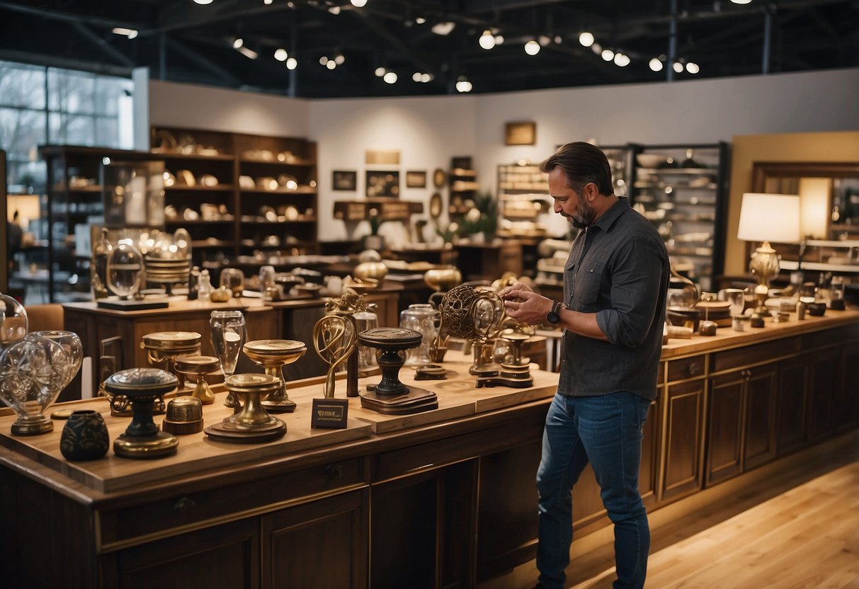 A customer browses through various furniture displays at JB's store, carefully inspecting and selecting items for purchase