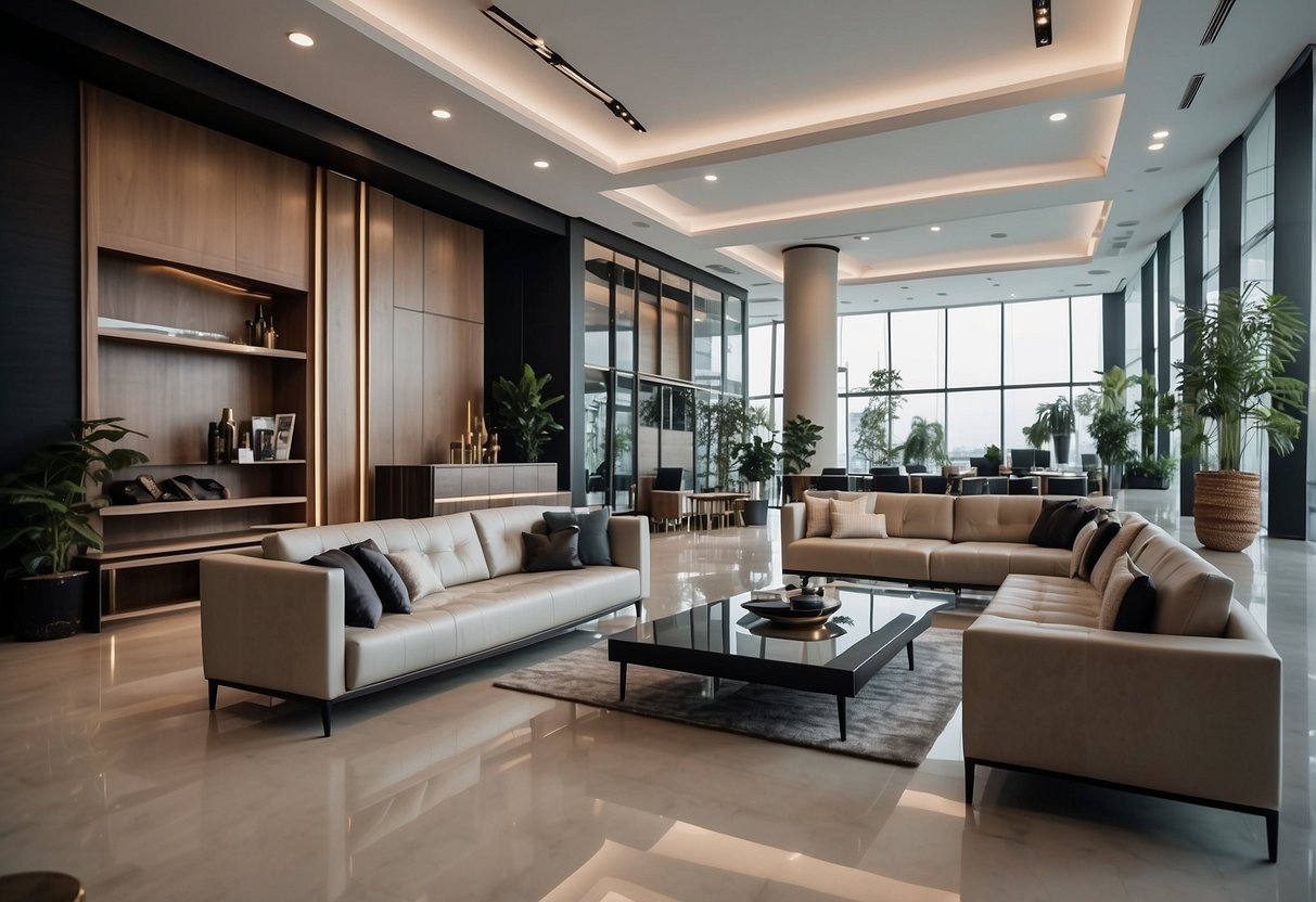 A spacious showroom with modern furniture displays in Johor Bahru. Clean lines, sleek designs, and a minimalist aesthetic