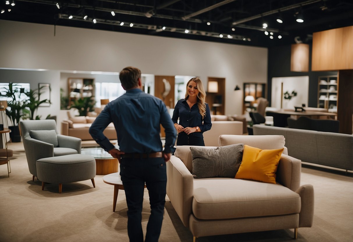 A customer browses through modern furniture displays in a spacious showroom, while a sales representative assists another client with a smile