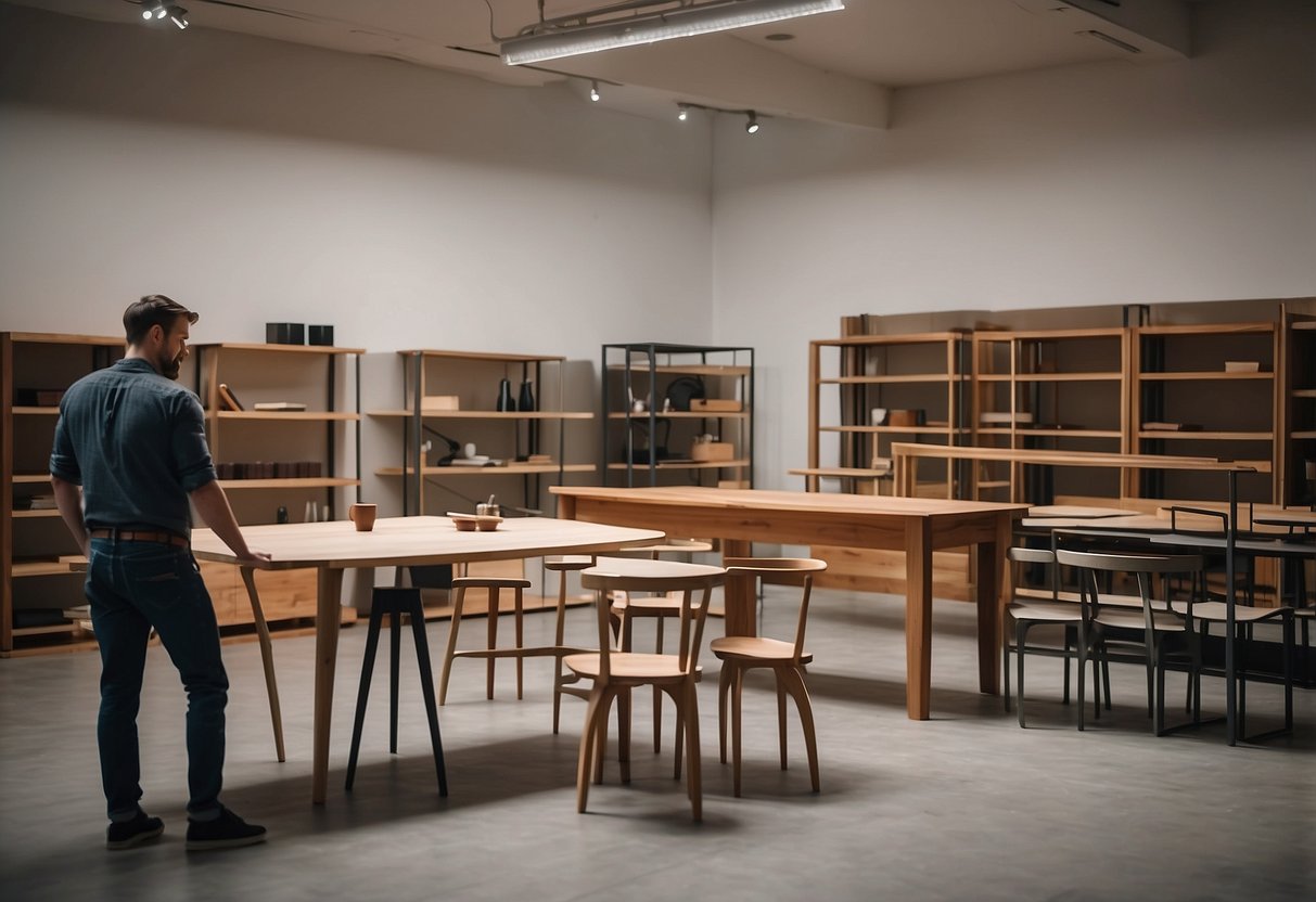 A designer arranges furniture in a spacious room. Tables, chairs, and shelves are positioned strategically