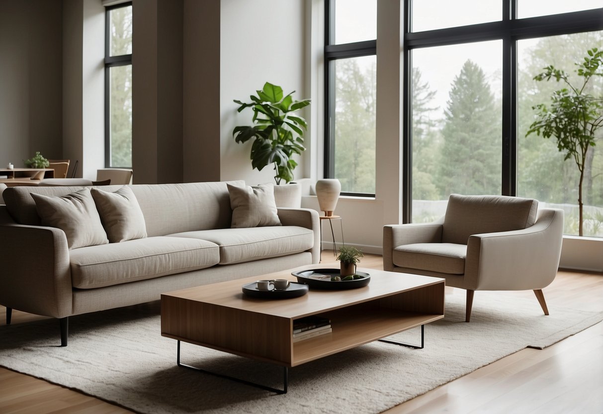 A modern living room with sleek furniture, clean lines, and neutral colors. A minimalist coffee table sits in the center, surrounded by a sofa and armchairs. Large windows let in natural light, showcasing the simplicity of the design