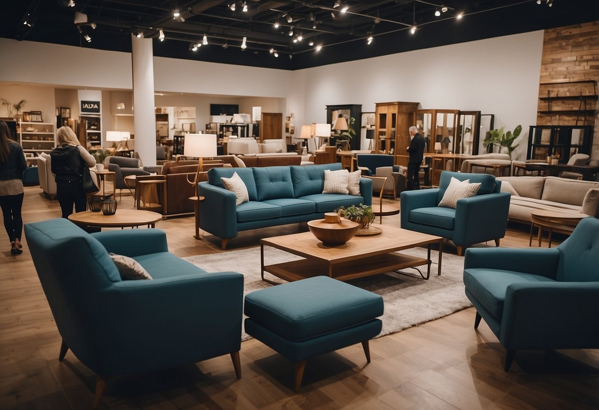 Customers browsing through a variety of furniture options at JB store, while staff assist with frequently asked questions