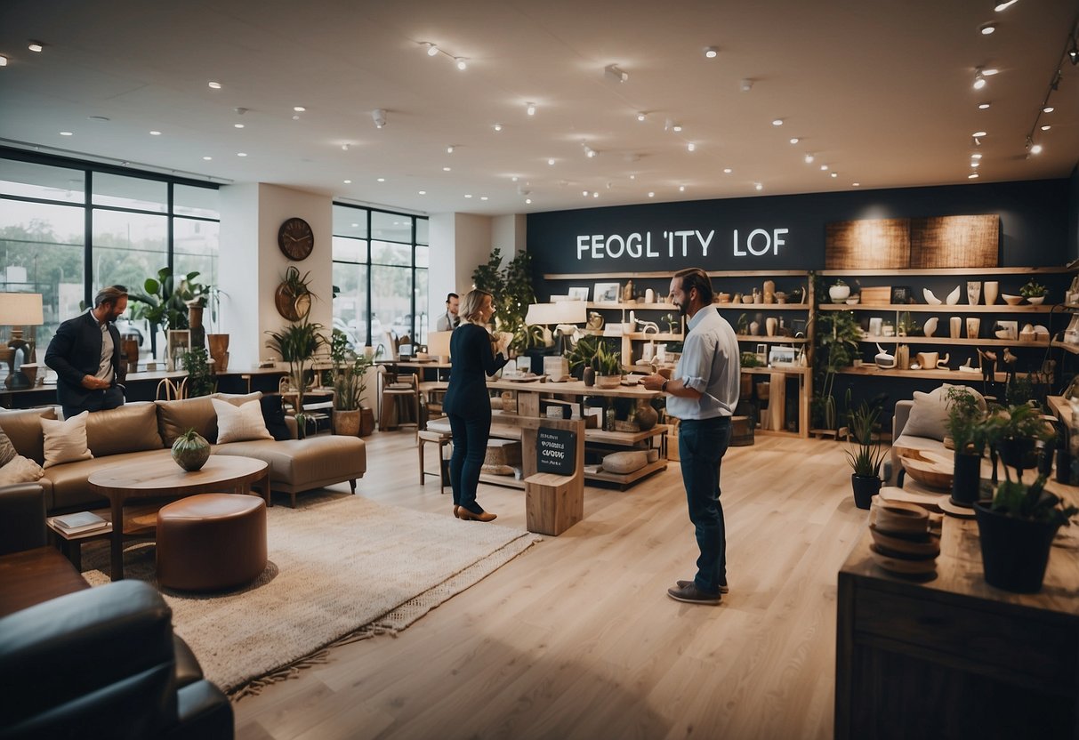 A busy showroom with customers browsing furniture displays and staff assisting. Shelves lined with home decor and signage indicating "Frequently Asked Questions."