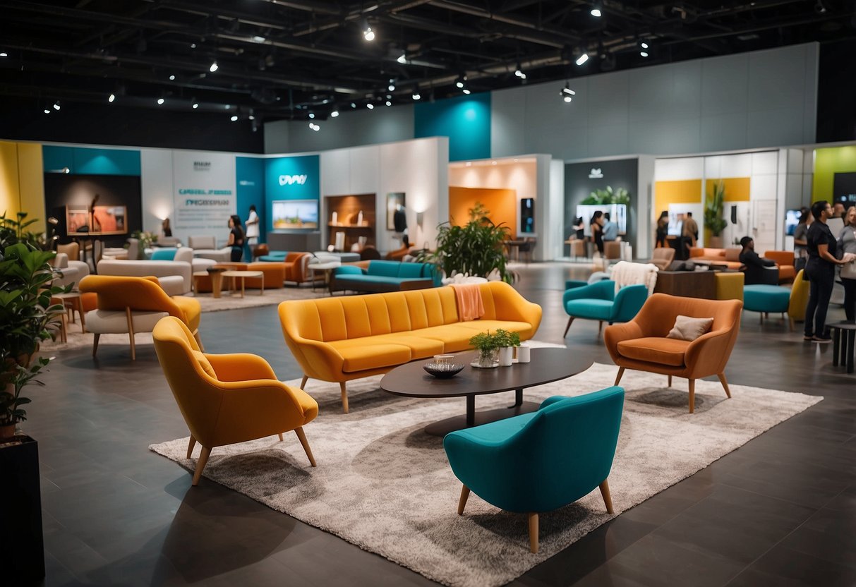 A spacious expo hall filled with modern furniture displays and vibrant decor. Bright lights illuminate the sleek designs and comfortable seating arrangements, drawing in visitors to explore the latest in home furnishings