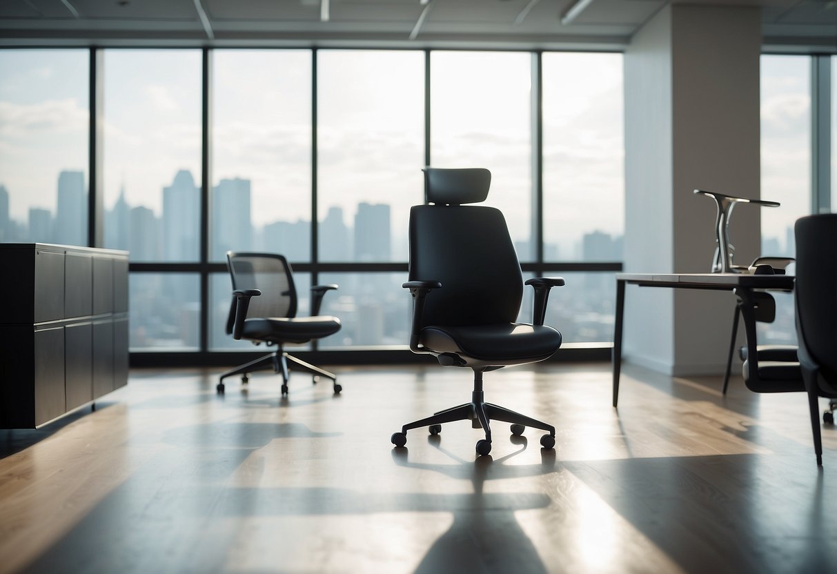 A sleek, modern chair with clean lines and adjustable features sits next to a sleek, minimalist desk in a bright, open office space