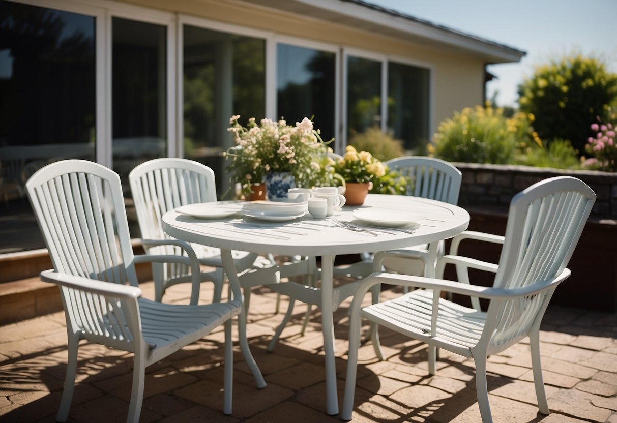 A patio set with fibreglass chairs and table under a sunny sky