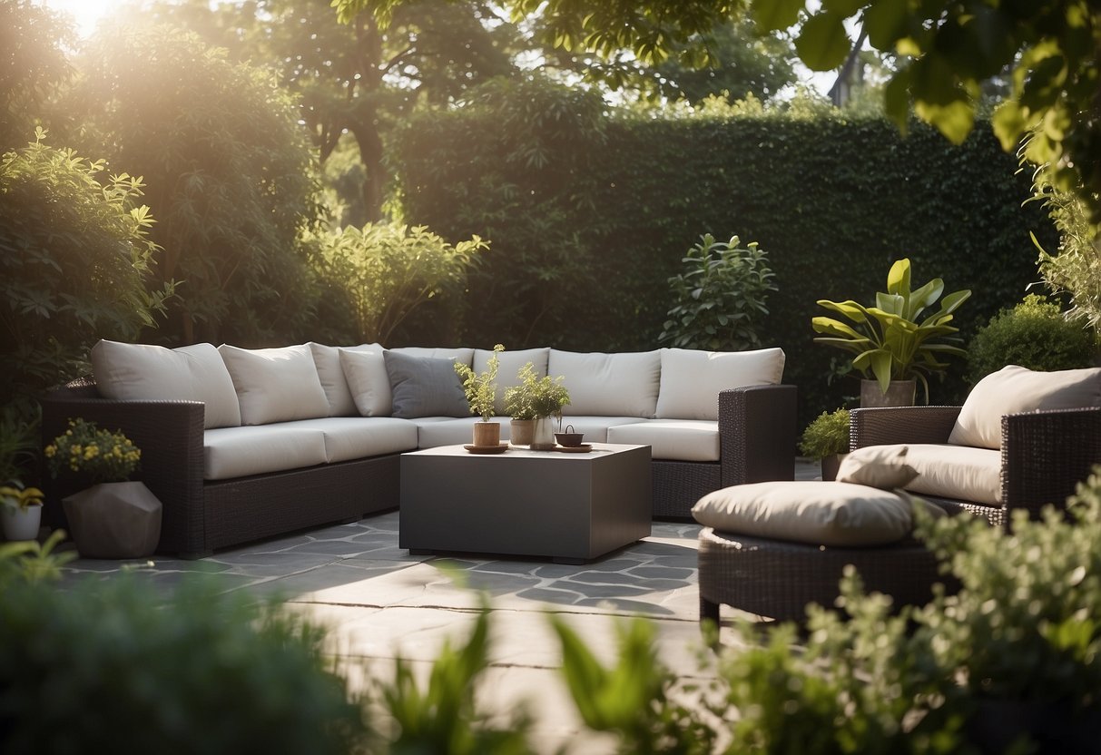 A backyard patio with sleek fibreglass outdoor furniture, surrounded by lush greenery and bathed in warm sunlight