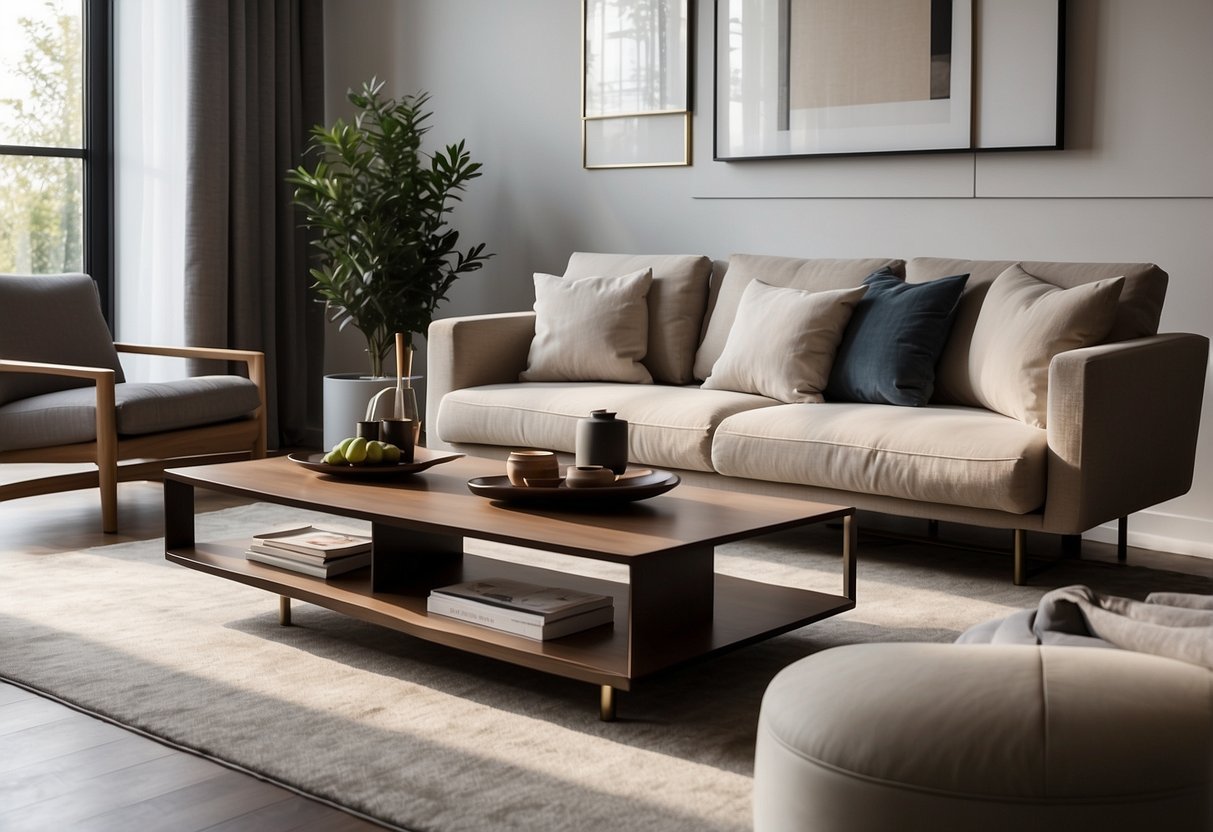 A modern living room with Castilla furniture: sleek sofa, minimalist coffee table, and elegant bookshelf against a backdrop of soft, natural lighting