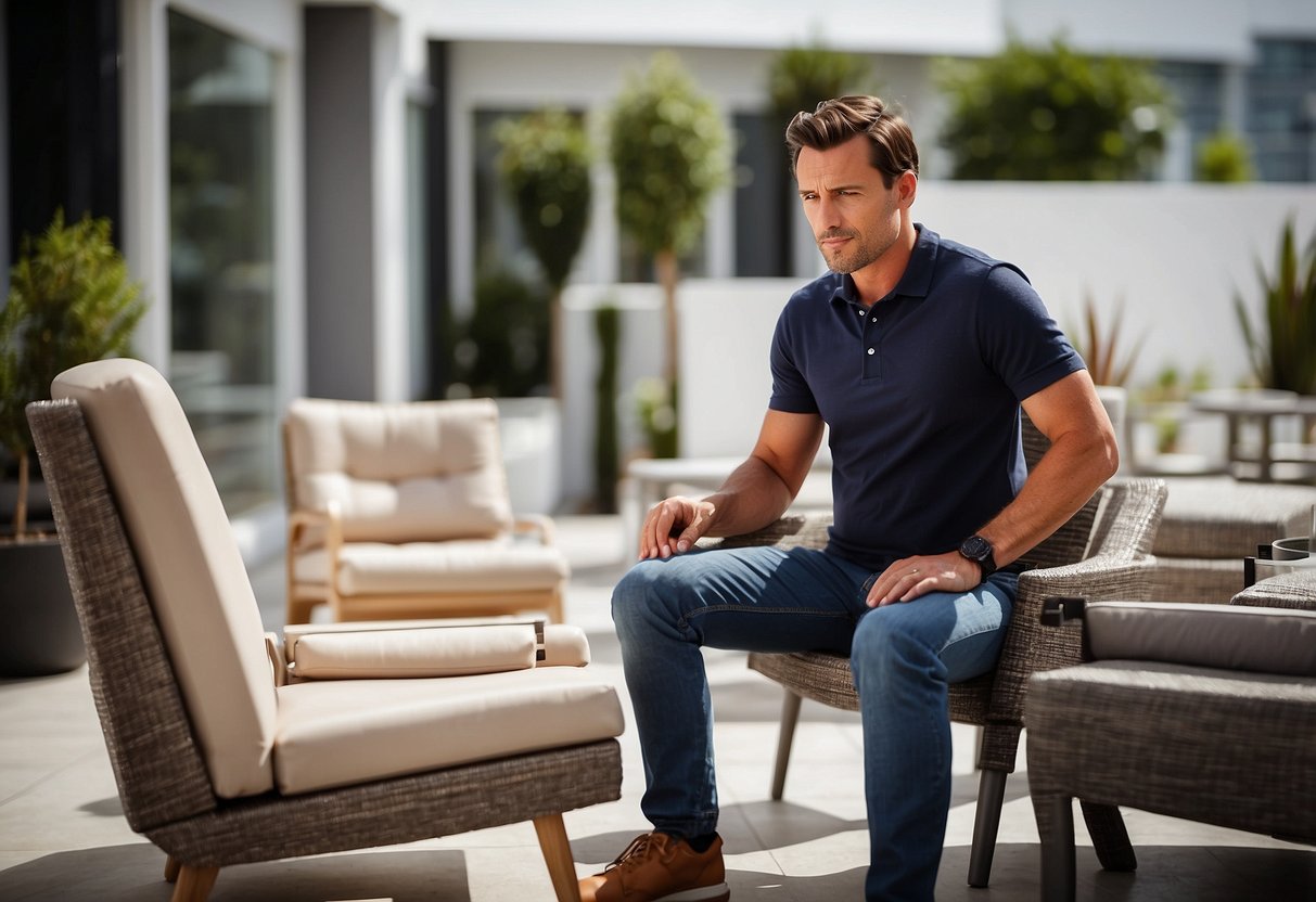 A customer carefully examines a range of sleek fibreglass outdoor furniture displayed in a well-lit showroom