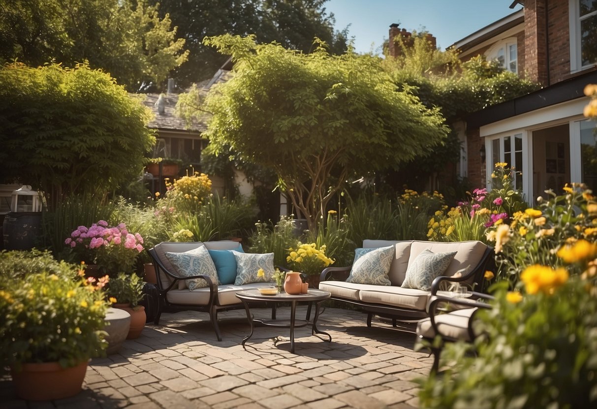 A sunny outdoor patio with a set of fibreglass furniture surrounded by lush greenery and colorful flowers, with a sign nearby that reads "Frequently Asked Questions fibreglass outdoor furniture"