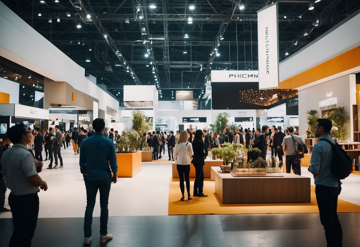 People wander through a vast expo hall, admiring modern furniture displays and engaging with enthusiastic sales representatives