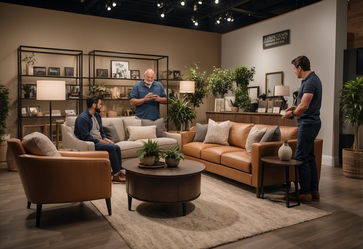 Customers browsing furniture displays, staff assisting with product inquiries, and a warm, inviting atmosphere