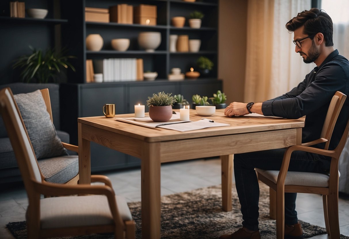 A designer arranges furniture for a FAQ section, with a clean and modern aesthetic