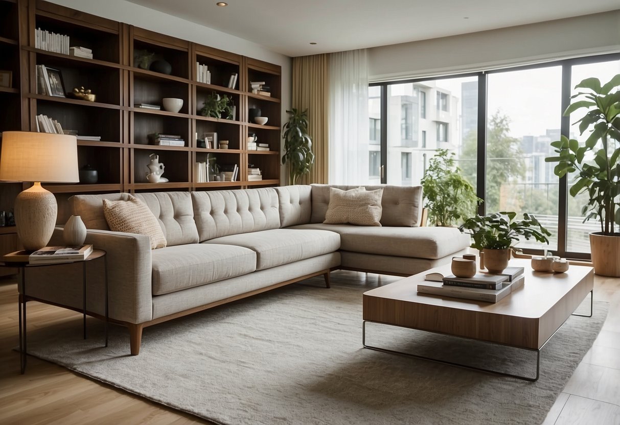 A modern living room with Castilla furniture, featuring a sleek sofa, elegant coffee table, and stylish bookshelf. Bright, natural lighting fills the space, creating a warm and inviting atmosphere