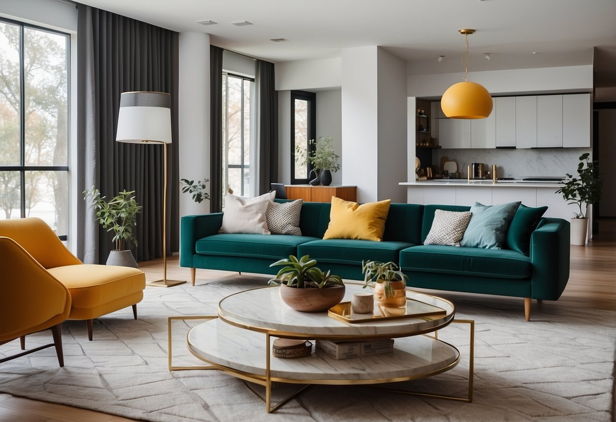 A modern living room with sleek, minimalist furniture and bold, geometric patterns. The space is filled with natural light and accented with vibrant pops of color