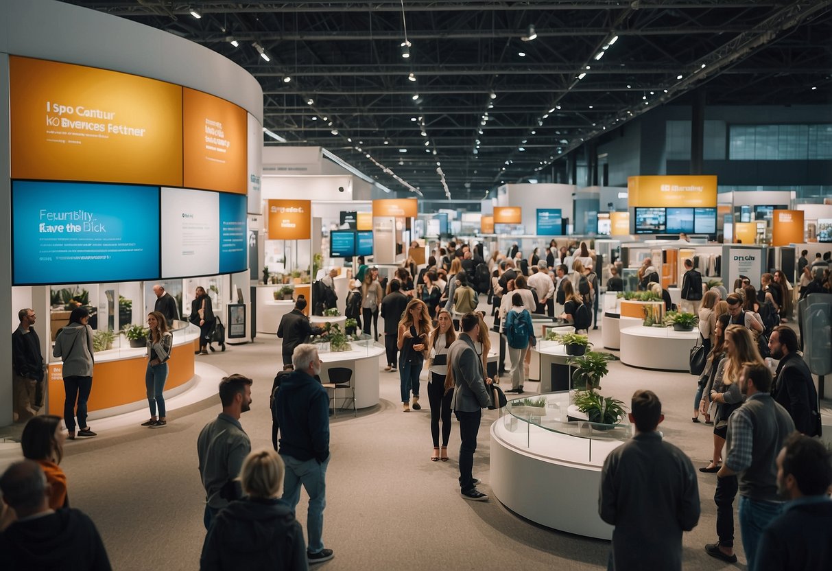 A brightly lit expo hall with modern furniture displays, a crowd of visitors, and informational signs with "Frequently Asked Questions" prominently displayed