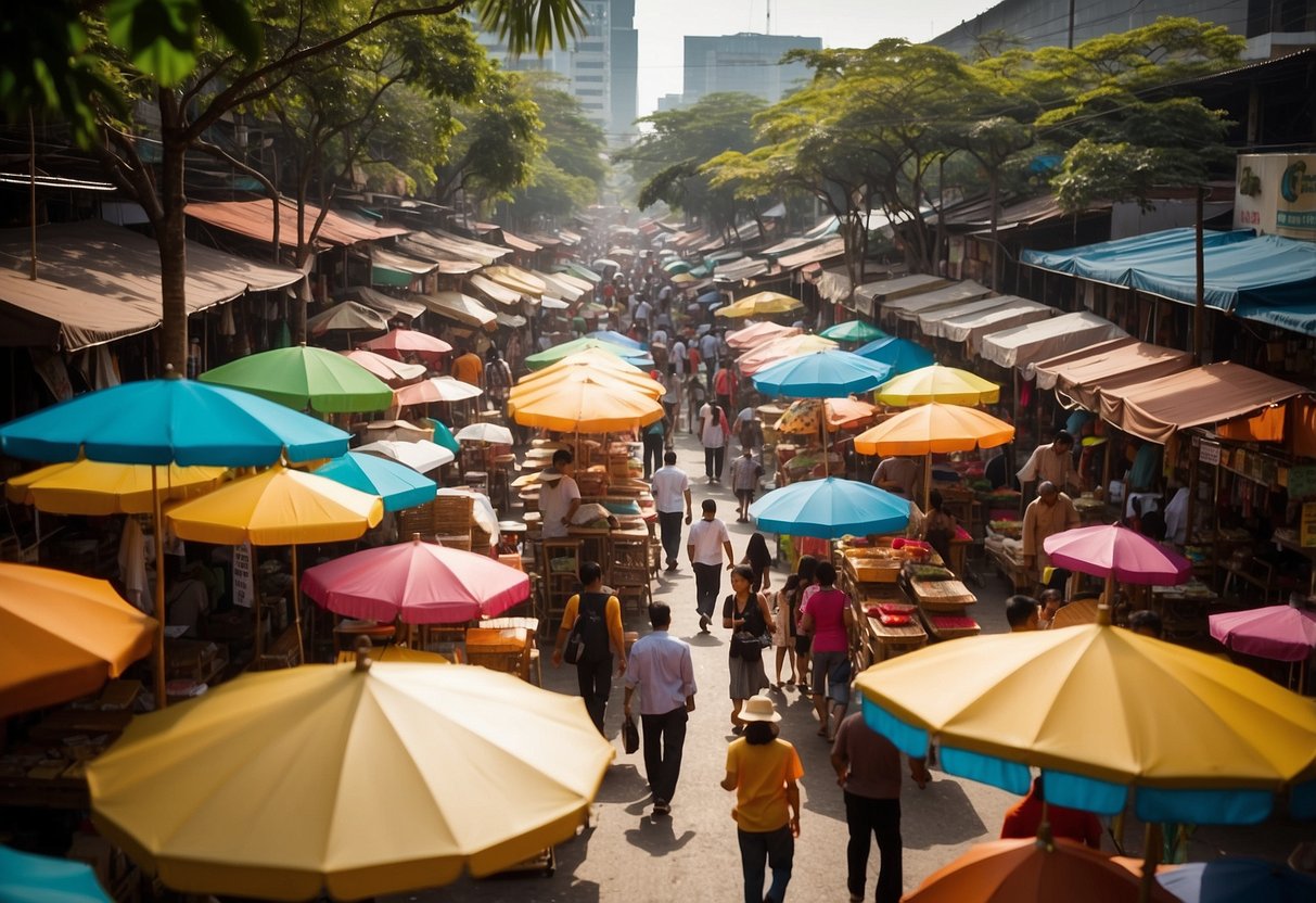 The Chatuchak furniture section bustles with shoppers browsing colorful stalls of handcrafted tables, chairs, and decor. Bright umbrellas shade the outdoor market, while vendors call out to passersby