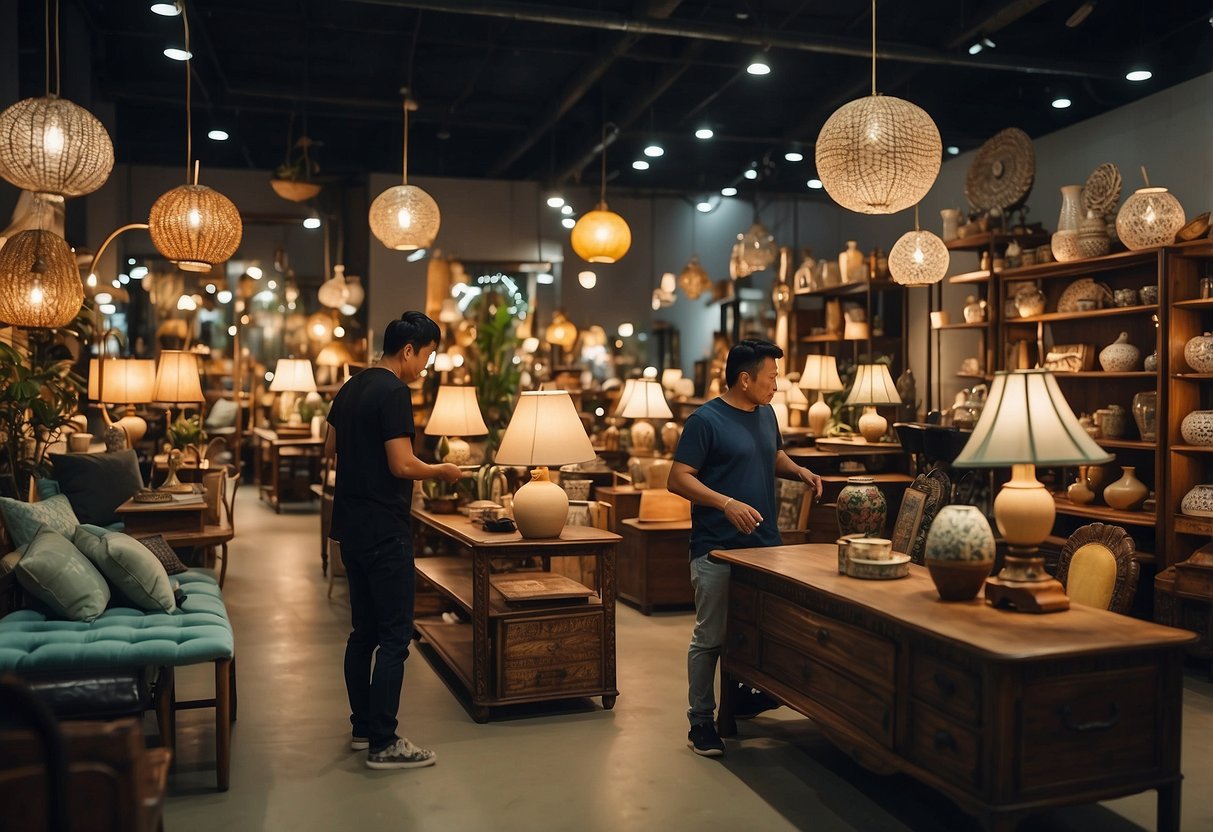 Customers browsing through a variety of furniture and home decor items at the bustling Chatuchak furniture section