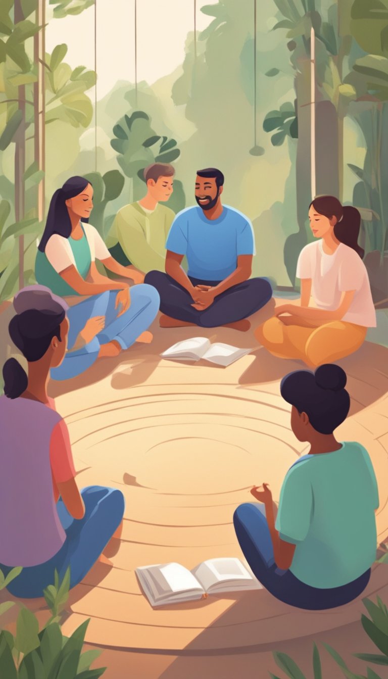 A peaceful family sitting in a circle, engaging in open and respectful dialogue. A mediator facilitates the conversation, promoting understanding and cooperation