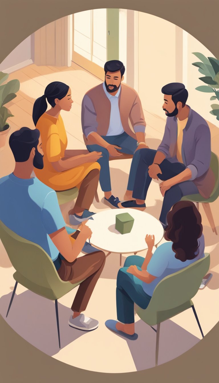 A peaceful family sitting in a circle, engaging in open communication and listening to each other's perspectives, with a mediator facilitating the conversation