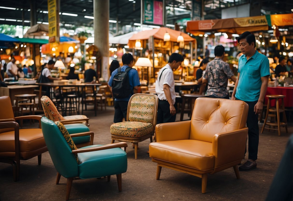 A bustling furniture section at Chatuchak Market, with vendors displaying a variety of chairs, tables, and decor items. Shoppers browse through the colorful and vibrant displays, while vendors call out to attract attention