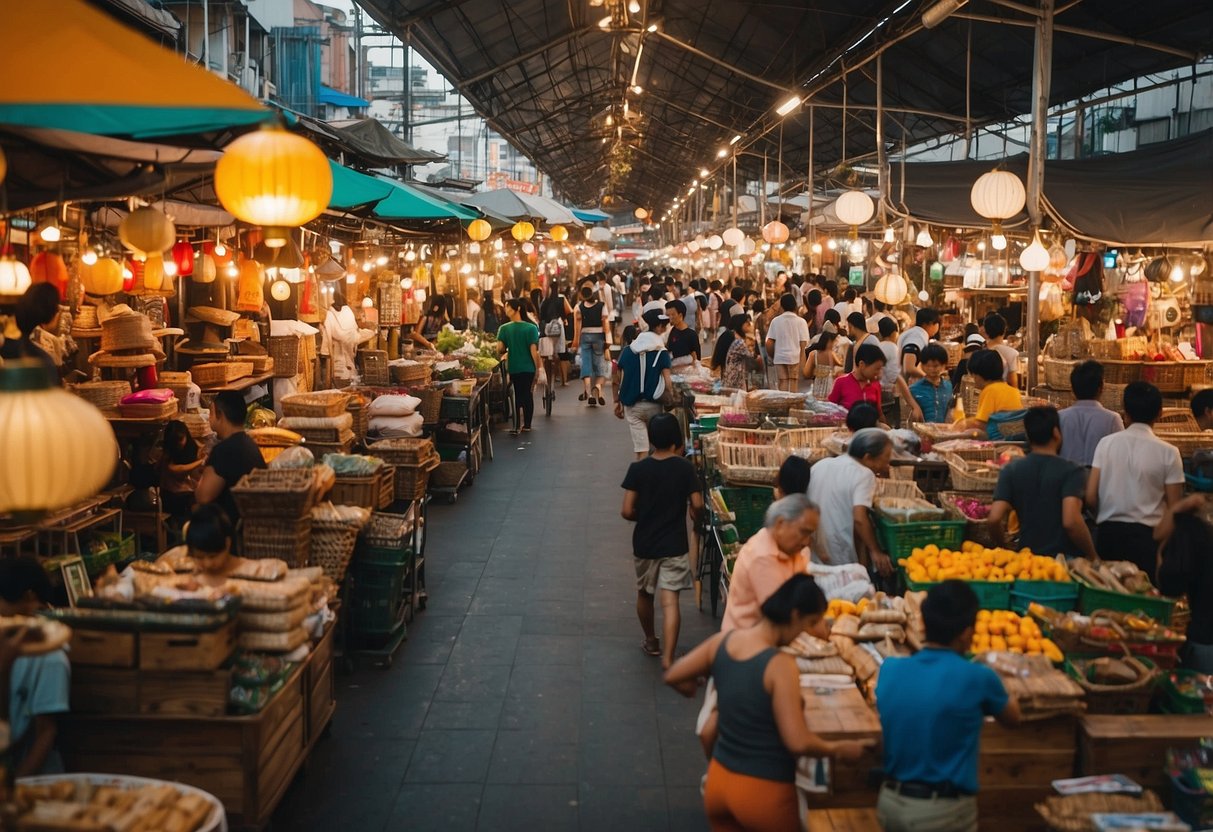 The bustling furniture section of Chatuchak market, with vendors displaying a variety of items and shoppers browsing through the colorful array