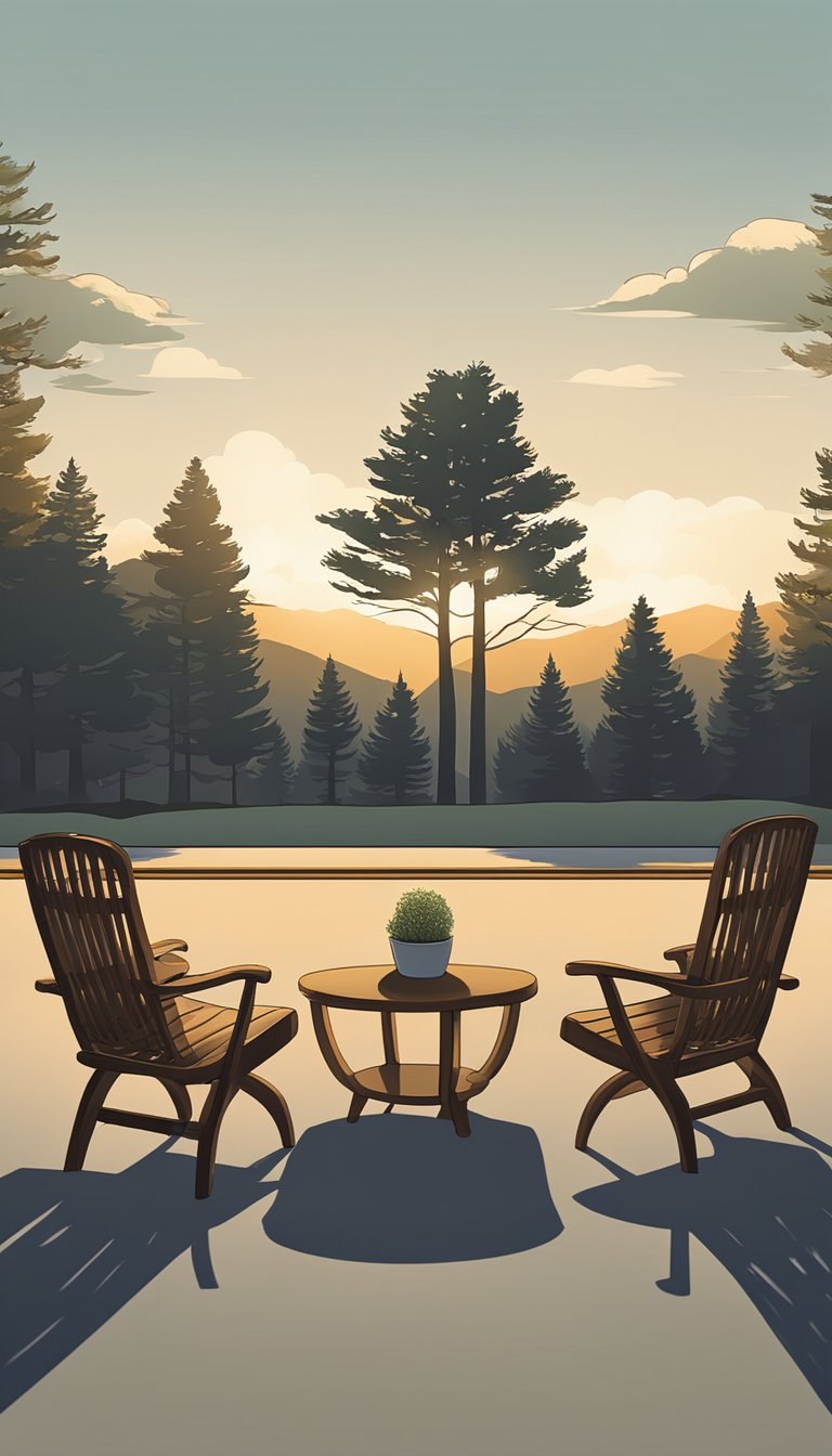 A peaceful setting with two chairs facing each other, symbolizing the mediation process for family disputes in Denver. A serene backdrop and warm lighting convey a sense of calm and resolution