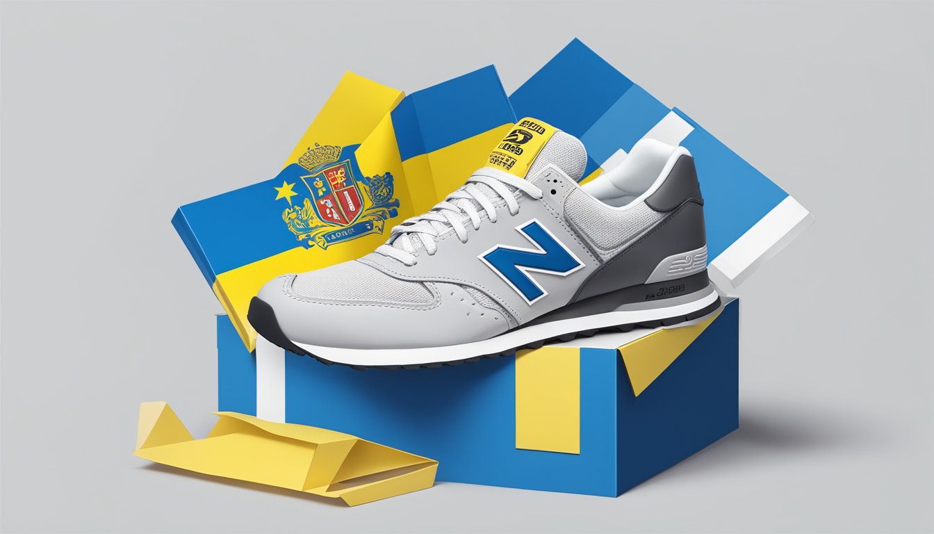 A New Balance shoe box with a prominent Ukrainian flag sticker, surrounded by supportive messages and symbols of solidarity