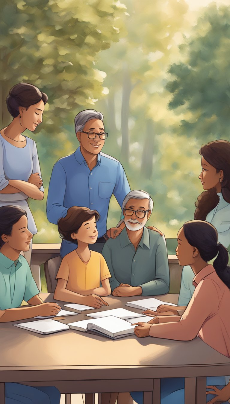 A family sitting around a table in a peaceful setting, engaging in conversation with a mediator facilitating the discussion