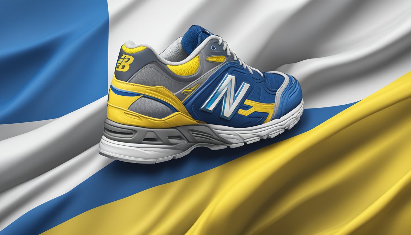 New Balance logo displayed alongside Ukrainian flag, symbolizing support