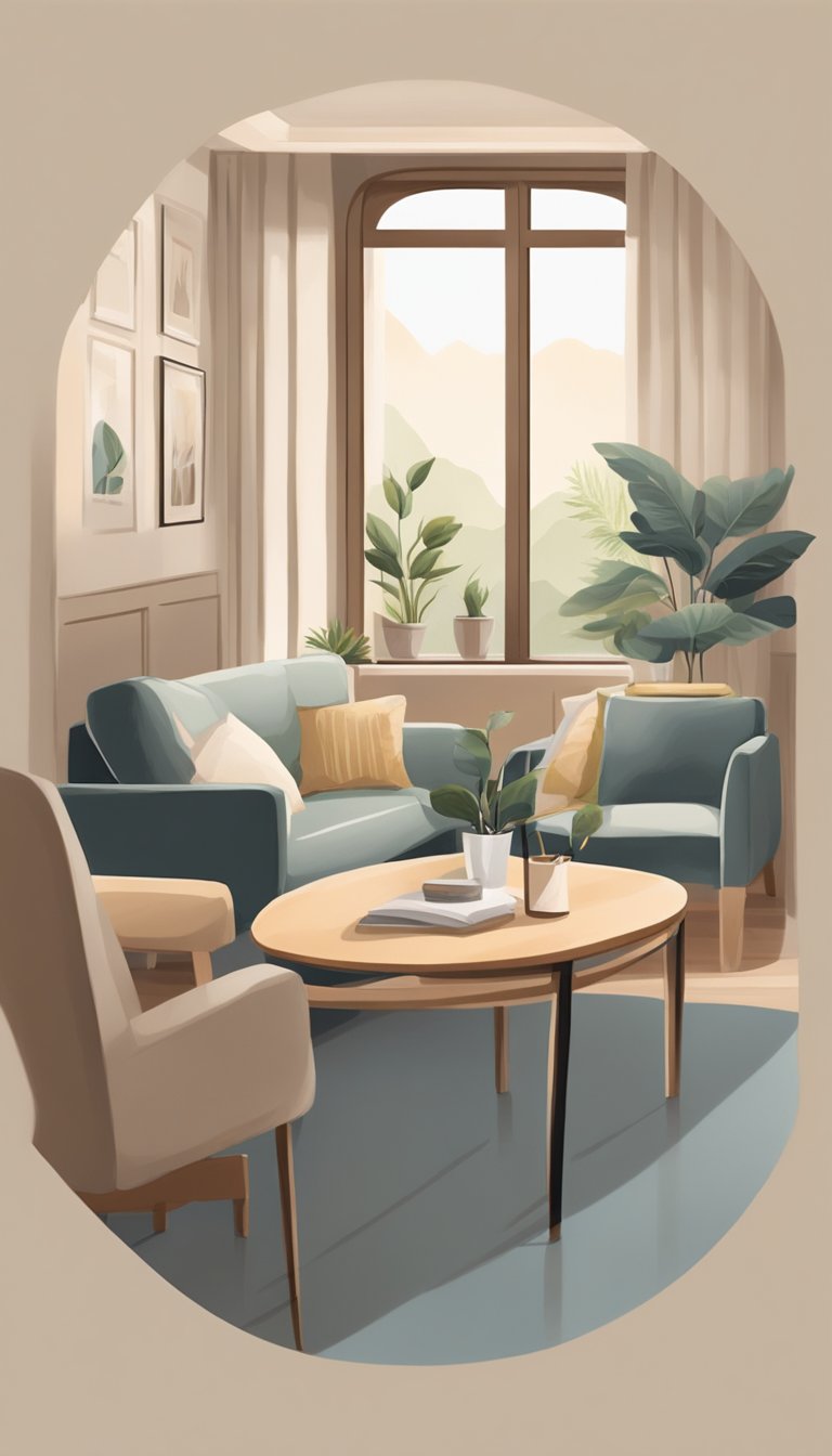 A cozy, well-lit room with comfortable seating and a neutral color palette. A table is set with refreshments and mediation materials. A peaceful, inviting atmosphere for resolving family disputes