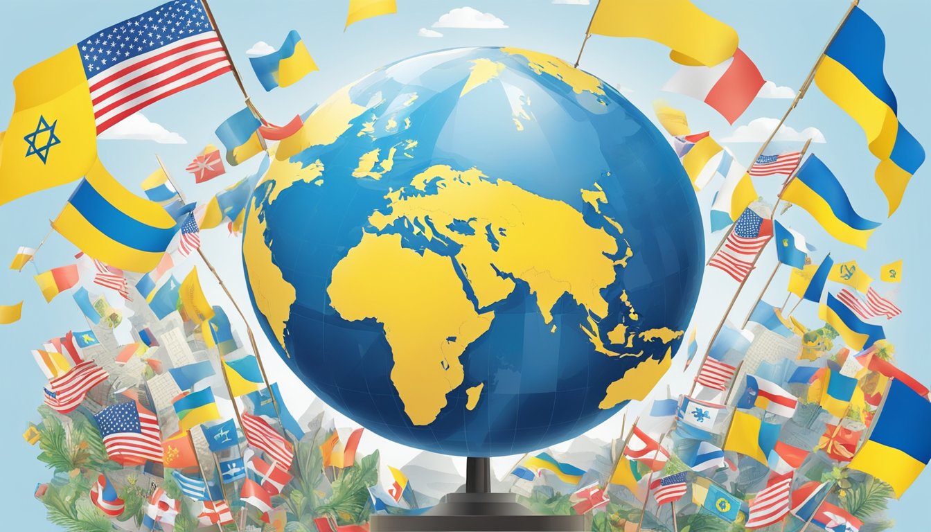 A scene of a globe with a clear focus on Ukraine, surrounded by symbols of support and solidarity from New Balance, such as flags and messages of encouragement