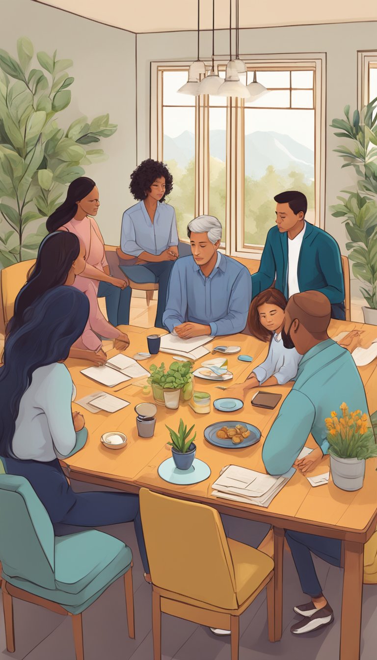 A peaceful family sitting around a table, engaging in open communication and resolving conflicts with the help of a mediator in Denver