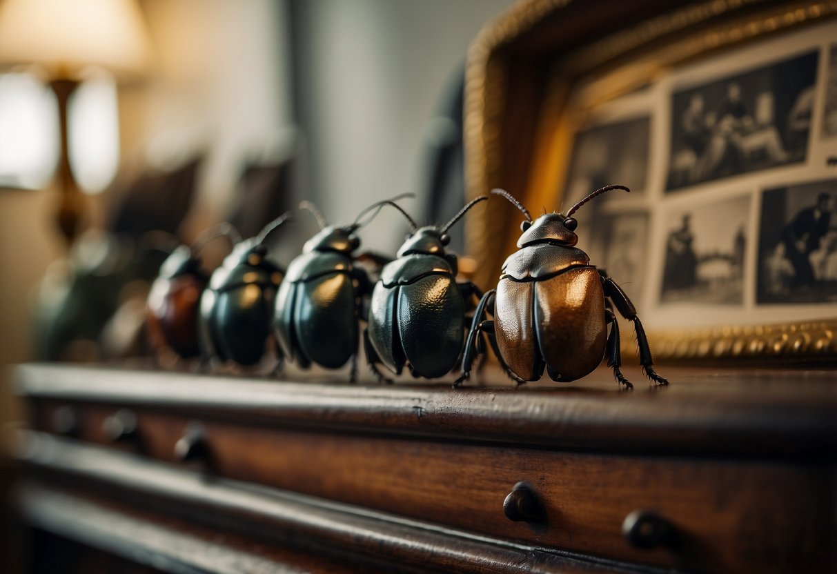 Furniture beetles crawl on antique furniture, surrounded by old pictures on the wall