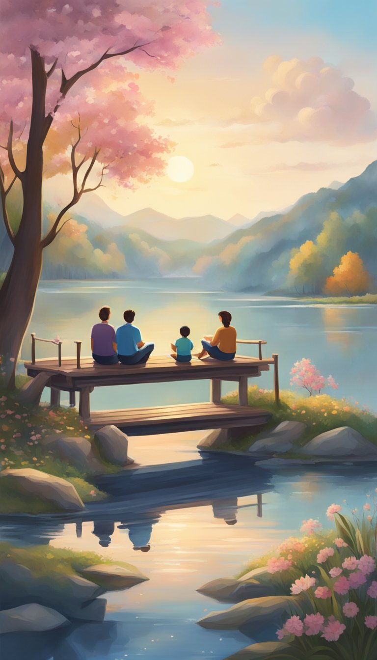 A family sitting together in a peaceful setting, surrounded by symbols of harmony and resolution, such as a calm lake, a bridge, and a tree with intertwined branches