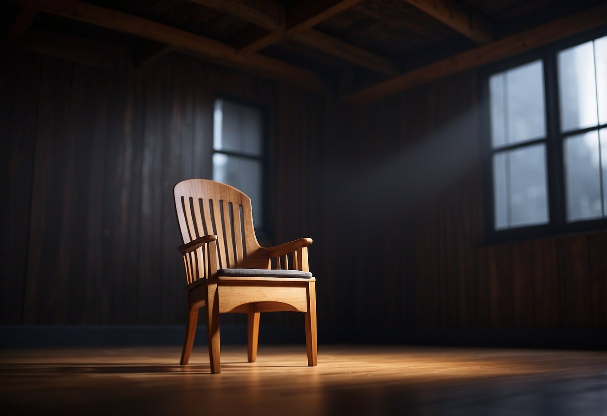 A wooden chair with visible signs of damage from furniture beetles, including small holes and frass, sitting in a dimly lit room