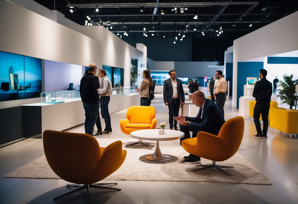Attendees browse modern furniture displays at the Exhibition convention. Bright lights illuminate sleek designs and vibrant colors, creating an atmosphere of innovation and creativity