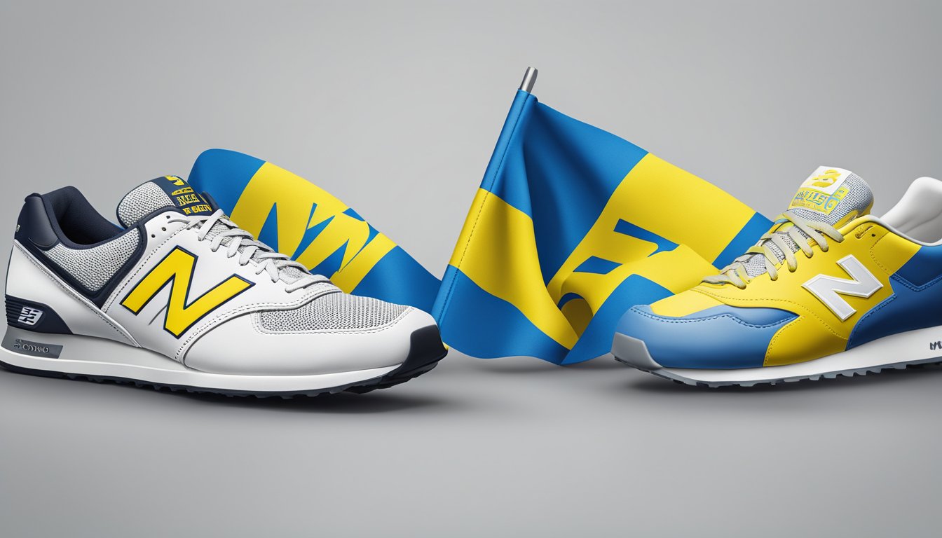 New Balance logo displayed with Ukraine flag. Text reads "Supporting Ukraine" in bold letters