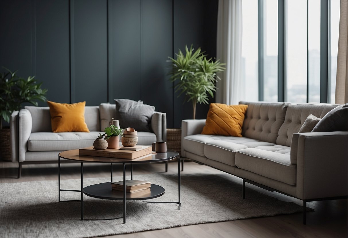 A modern living room with a minimalist design, featuring a sleek CMP furniture set including a sofa, coffee table, and armchair