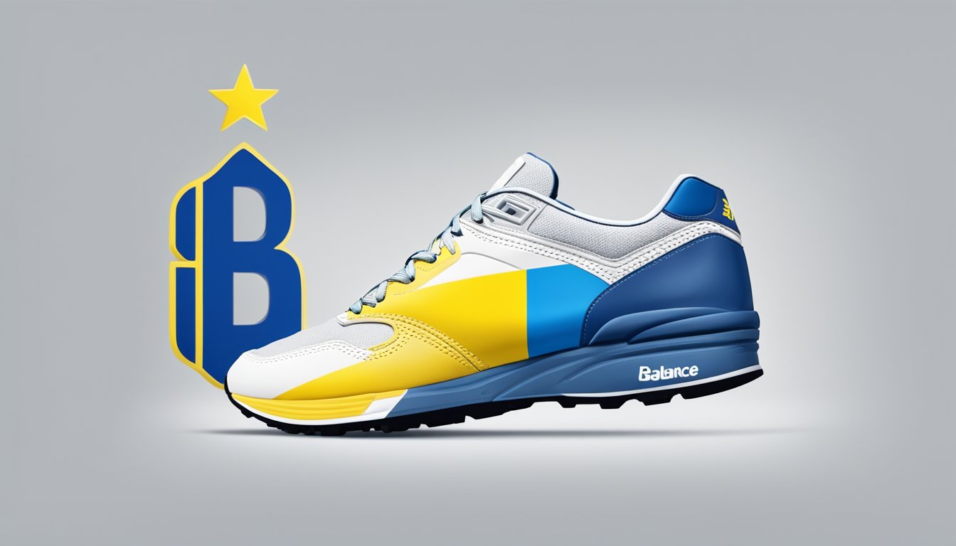 New Balance logo displayed with Ukraine flag. Positive customer reviews and support messages. Brand reputation highlighted