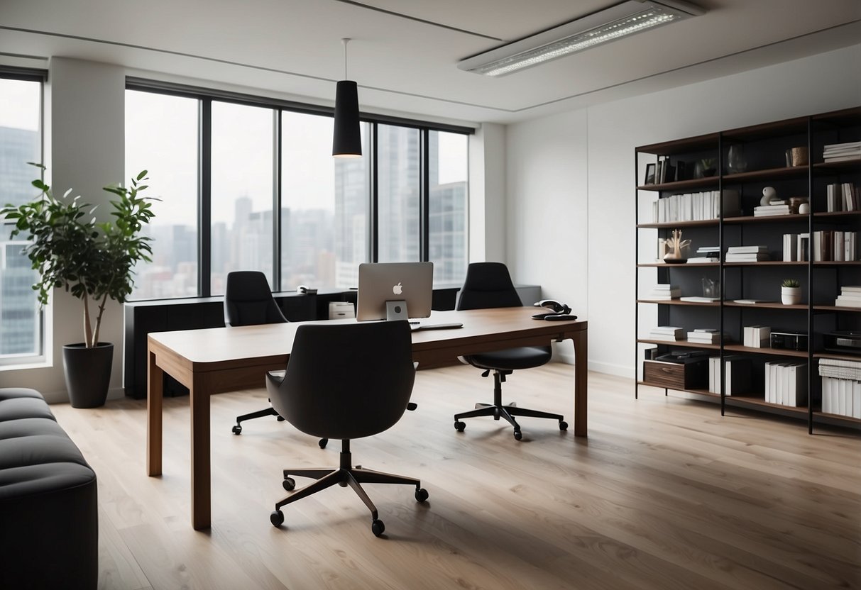 A modern, minimalist workspace with sleek, clean-lined furniture and a focus on functionality and simplicity