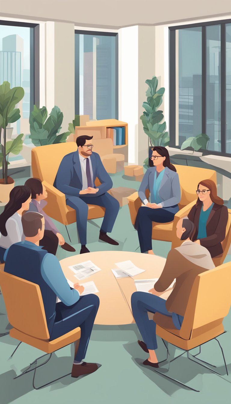 A family sitting in a circle, peacefully discussing a dispute with a mediator in a Denver office