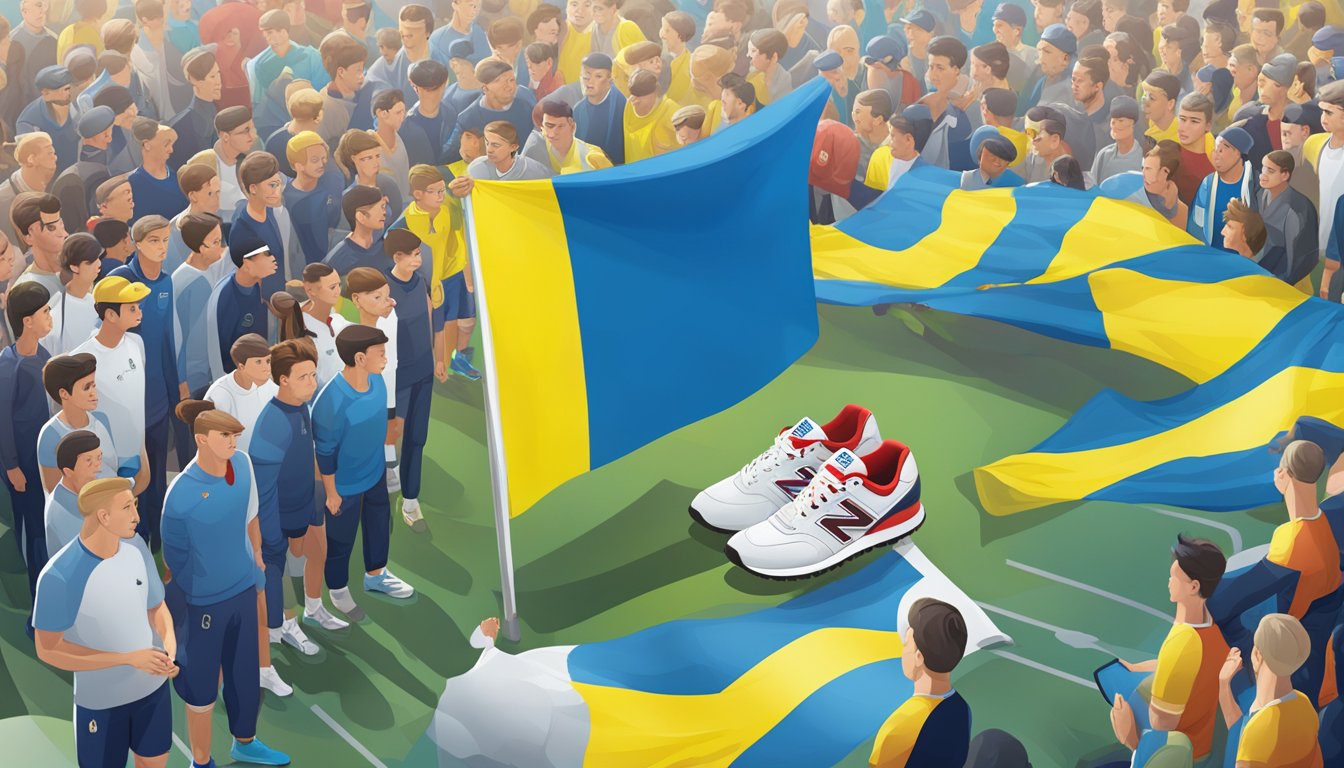 New Balance logo displayed next to Ukraine flag, while competitors watch and react