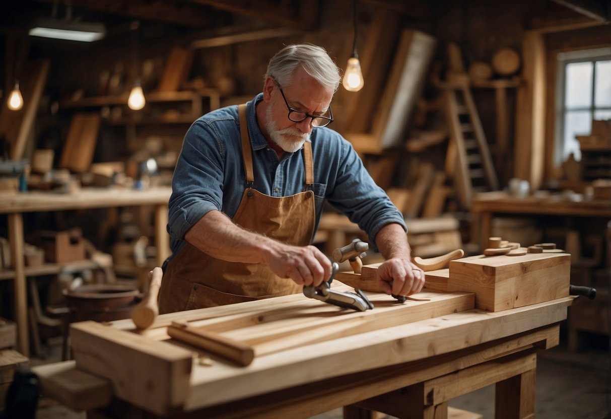 A carpenter carefully carves intricate designs into a wooden chair, surrounded by various tools and materials. The workshop is filled with the sounds of sawing and sanding as the craftsman brings innovation to CMP's furniture