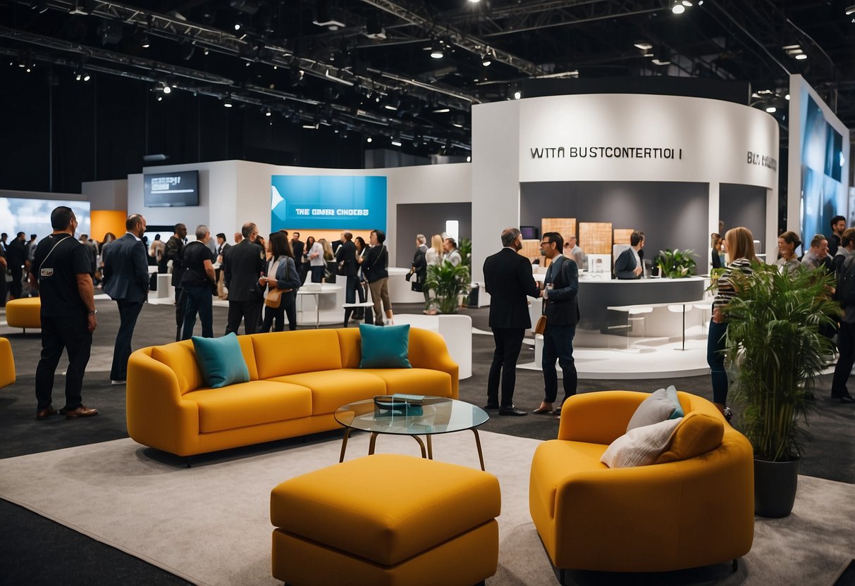 The bustling furniture convention is filled with sleek, modern designs and vibrant displays, with attendees eagerly exploring the latest trends and innovations