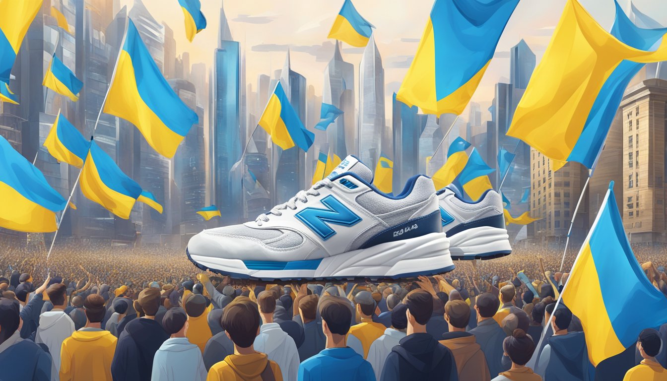 A futuristic city skyline with a prominent New Balance logo displayed on a large building, surrounded by a crowd of people waving Ukrainian flags