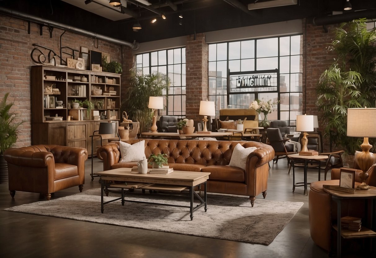 A room with various pieces of furniture, such as chairs, tables, and shelves, with a sign reading "Frequently Asked Questions cmp furniture" displayed prominently