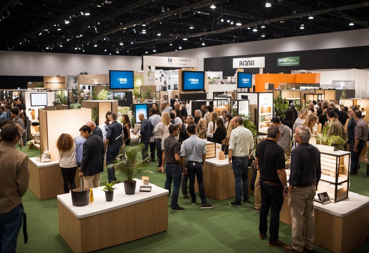 Attendees browse booths at the FAQ furniture convention. Vendors showcase products and interact with potential customers. The atmosphere is bustling and filled with excitement